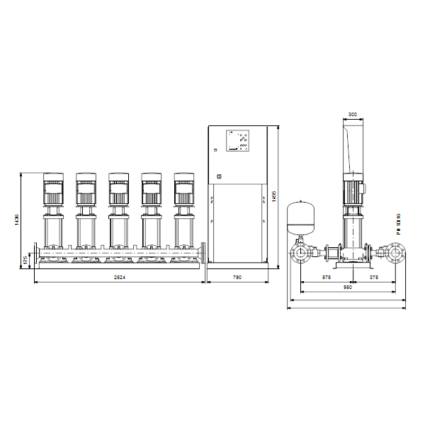 Насосная станция Grundfos Hydro MPC-E 5 CRE32-5-2 50/60Hz RUS артикул 98439488 – габаритный чертеж