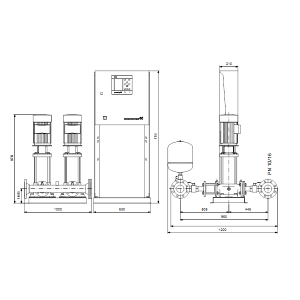 Насосная станция Grundfos HYDRO MPC-S 2 CR 32-2-2 артикул 95044812 – габаритный чертеж