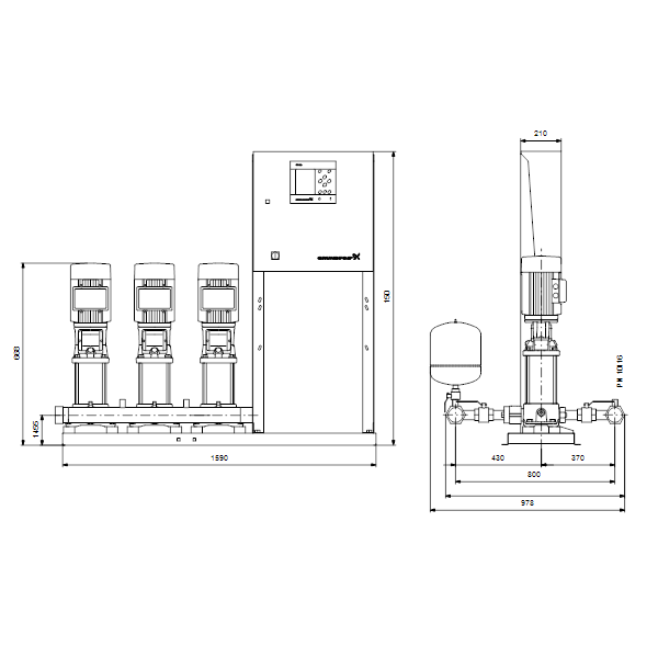 Насосная станция Grundfos HYDRO MPC-S 3 CR 10-3 артикул 95044733 – габаритный чертеж
