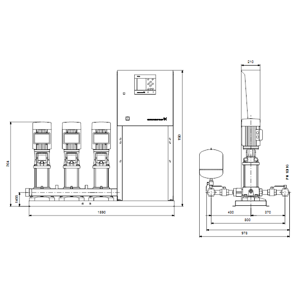 Насосная станция Grundfos HYDRO MPC-S 3 CR 10-4 артикул 95044734 – габаритный чертеж