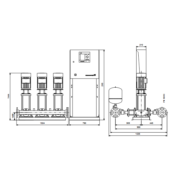 Насосная станция Grundfos HYDRO MPC-S 3 CR 32-5 артикул 95044823 – габаритный чертеж