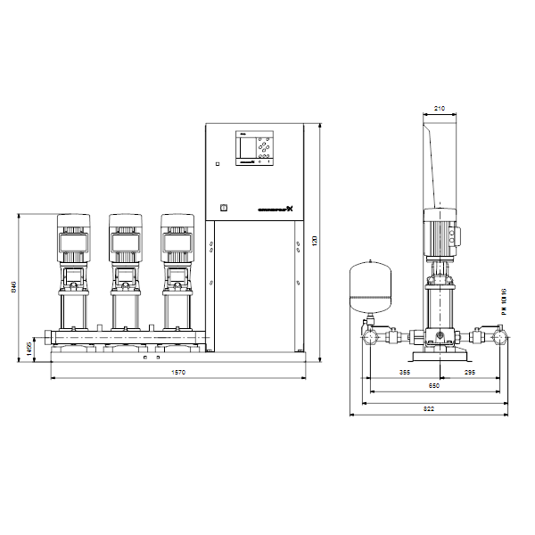Насосная станция Grundfos HYDRO MPC-S 3 CR 5-10 артикул 95044702 – габаритный чертеж