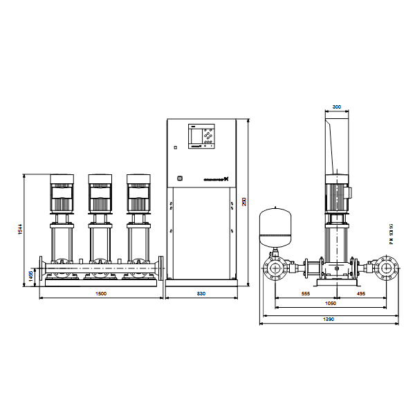 Насосная станция Grundfos HYDRO MPC-S 3 CR 64-4 артикул 95044889 – габаритный чертеж