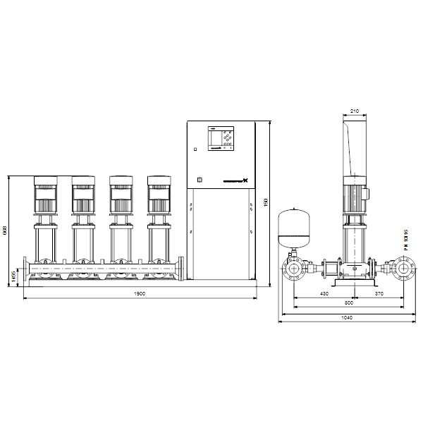 Насосная станция Grundfos HYDRO MPC-S 4 CR 10-3 артикул 95044739 – габаритный чертеж