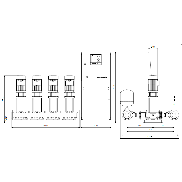 Насосная станция Grundfos HYDRO MPC-S 4 CR 32-2-2 артикул 95044826 – габаритный чертеж