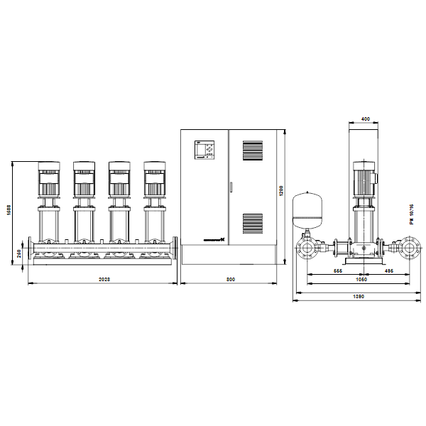 Насосная станция Grundfos HYDRO MPC-S 4 CR 45-5 артикул 95044864 – габаритный чертеж