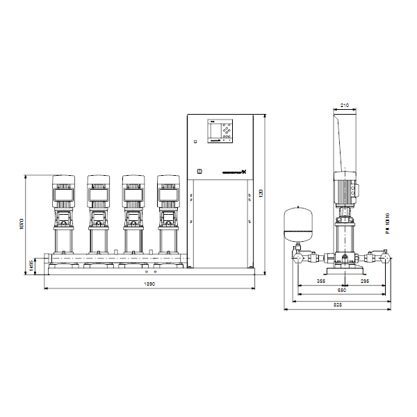 Насосная станция Grundfos HYDRO MPC-S 4 CR 5-16 артикул 95044710 – габаритный чертеж