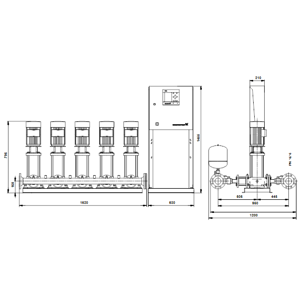 Насосная станция Grundfos HYDRO MPC-S 5 CR 20-2 артикул 95044802 – габаритный чертеж