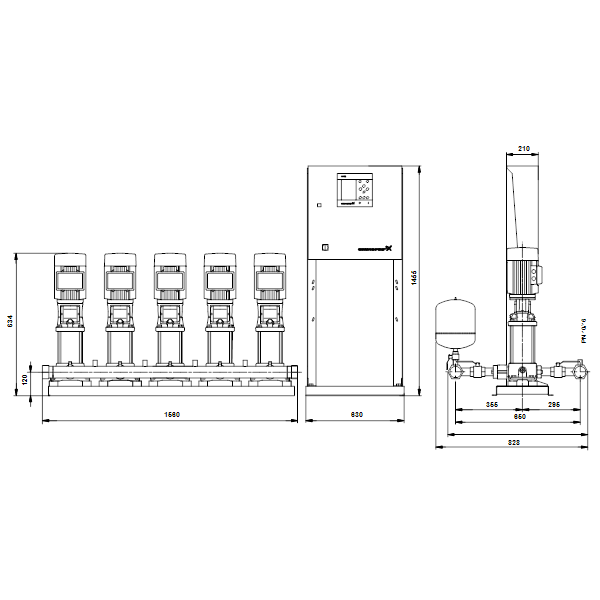 Насосная станция Grundfos HYDRO MPC-S 5 CR 5-8 артикул 95044714 – габаритный чертеж