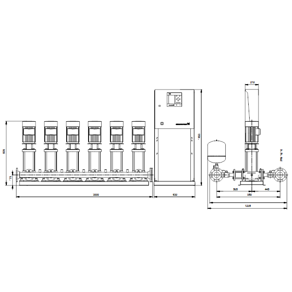 Насосная станция Grundfos HYDRO MPC-S 6 CR 32-2-2 артикул 95044840 – габаритный чертеж