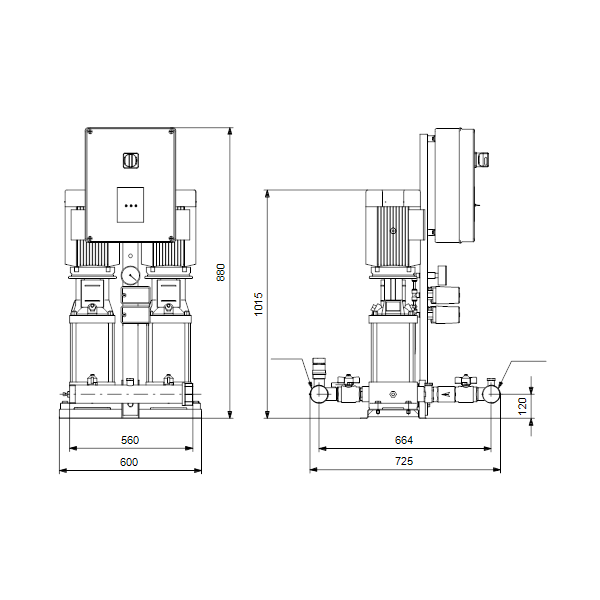 Насосная станция Grundfos Hydro Multi-S P 2CR10-10 3X400/50 DL артикул 95922792 – габаритный чертеж
