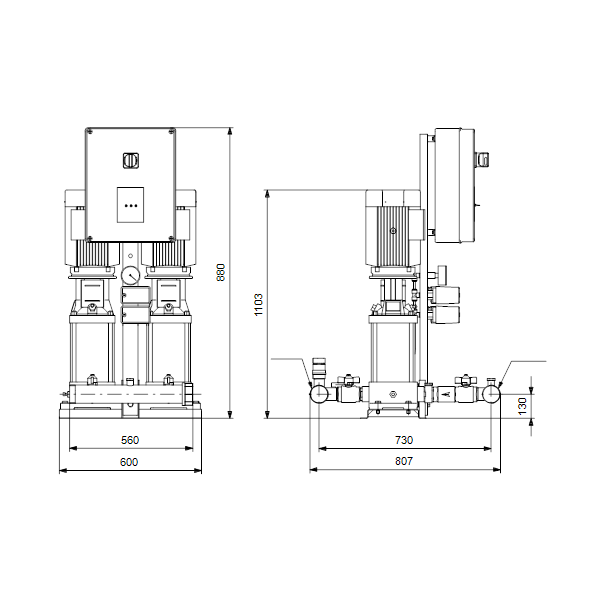 Насосная станция Grundfos Hydro Multi-S P 2CR15-7 3X400/50 DL артикул 95922793 – габаритный чертеж