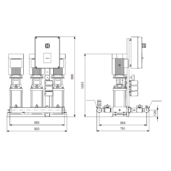 Насосная станция Grundfos Hydro Multi-S P 3CR10-10 3X400/50 DL артикул 95922796 – габаритный чертеж