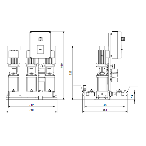 Насосная станция Grundfos Hydro Multi-S P 3CR5-13 3X400/50 DL артикул 95922794 – габаритный чертеж