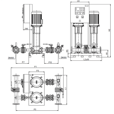 Габаритный чертеж насосной станции Wilo CO-2 HELIX V 3602/1/SK-FFS-D-EB-R