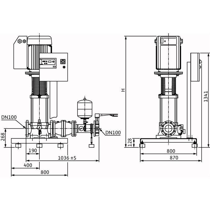 Габаритный чертеж насосной станции Wilo COR-1 MVIE 7004/2/VR-EB-R