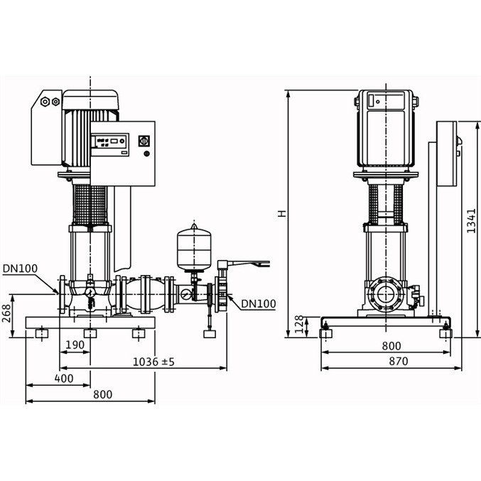 Габаритный чертеж насосной станции Wilo COR-1 MVIE 9503/2/VR-EB-R