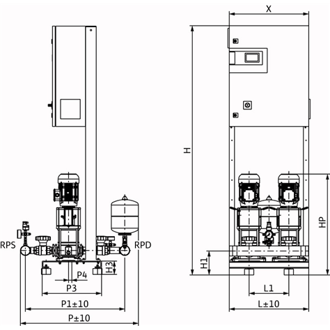Габаритный чертеж насосной станции Wilo COR-2 HELIX V 1004/CC-EB-R