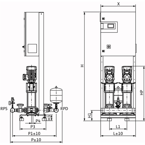 Габаритный чертеж насосной станции Wilo COR-2 HELIX V 1008/CC-EB-R