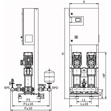 Габаритный чертеж насосной станции Wilo COR-2 HELIX V 1604/CC-EB-R