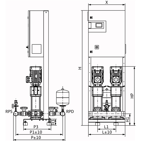 Габаритный чертеж насосной станции Wilo COR-2 HELIX V 1606/CC-EB-R