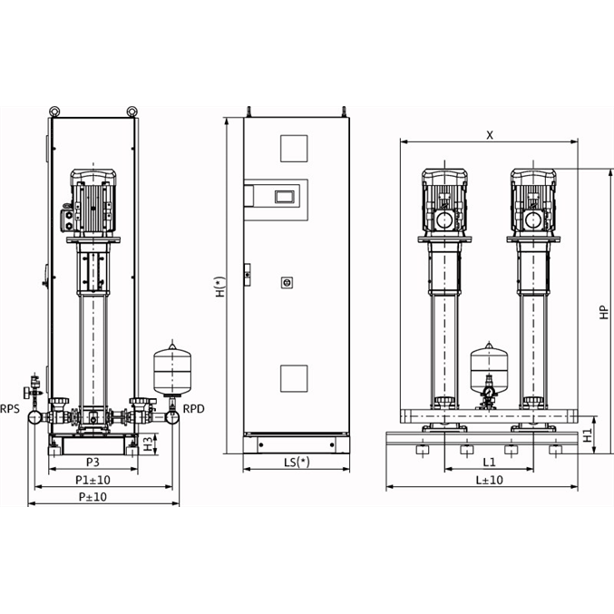 Габаритный чертеж насосной станции Wilo COR-2 HELIX V 1611/CC-EB-R