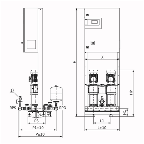 Габаритный чертеж насосной станции Wilo COR-2 HELIX V 608/CC-EB-R