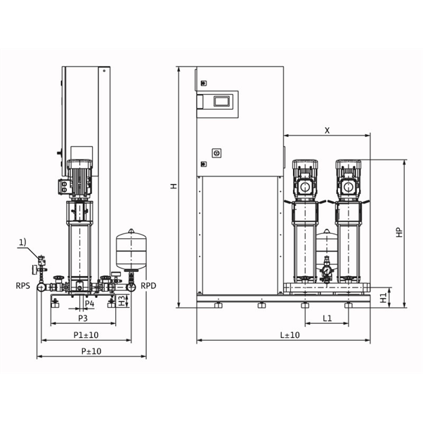 Габаритный чертеж насосной станции Wilo COR-2 HELIX V 611/CC-EB-R