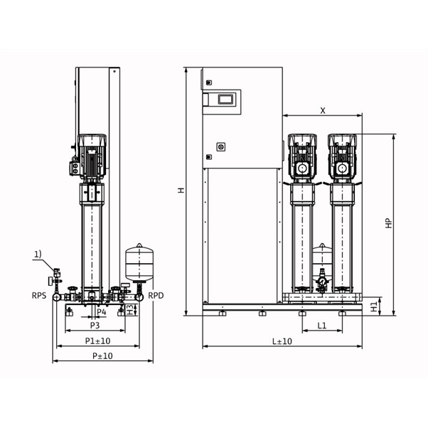 Габаритный чертеж насосной станции Wilo COR-2 HELIX V 614/CC-EB-R