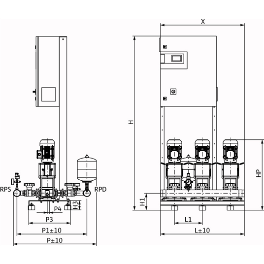Габаритный чертеж насосной станции Wilo COR-3 HELIX V 1002/CC-EB-R