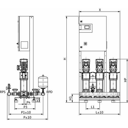 Габаритный чертеж насосной станции Wilo COR-3 HELIX V 1007/CC-EB-R