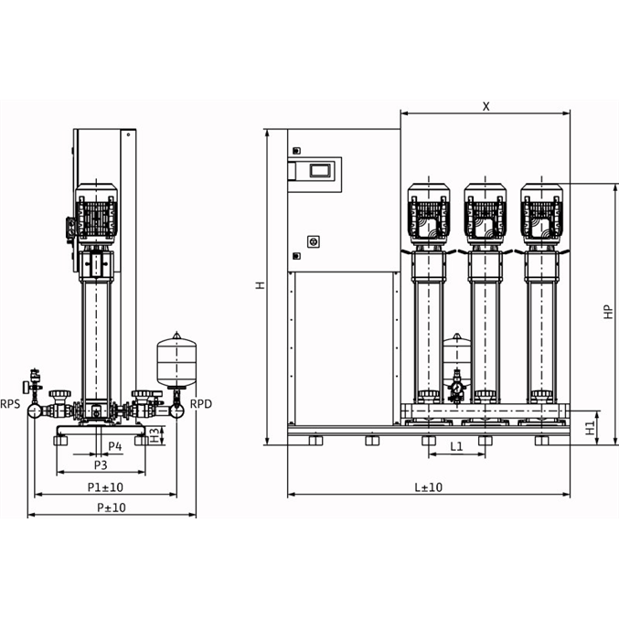 Габаритный чертеж насосной станции Wilo COR-3 HELIX V 1015/CC-EB-PN25-R