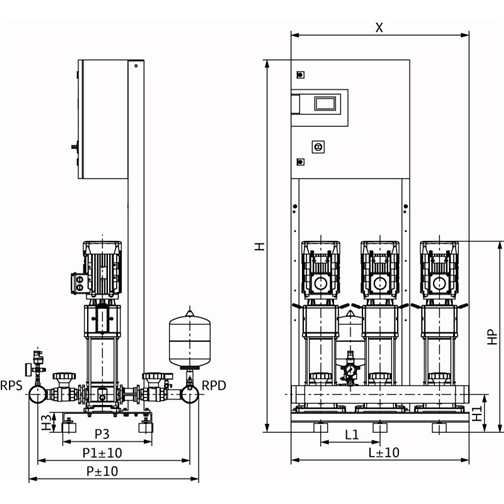 Габаритный чертеж насосной станции Wilo COR-3 HELIX V 1603/CC-EB-R