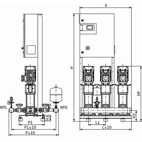 Габаритный чертеж насосной станции Wilo COR-3 HELIX V 1604/CC-EB-R