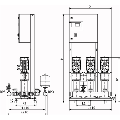 Габаритный чертеж насосной станции Wilo COR-3 HELIX V 1605/CC-EB-R