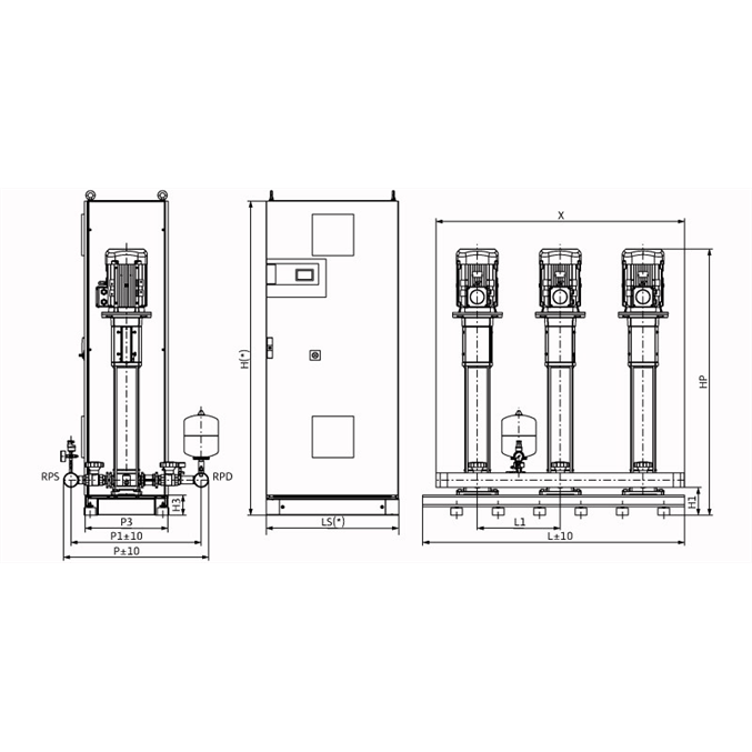 Габаритный чертеж насосной станции Wilo COR-3 HELIX V 1607/CC-EB-R