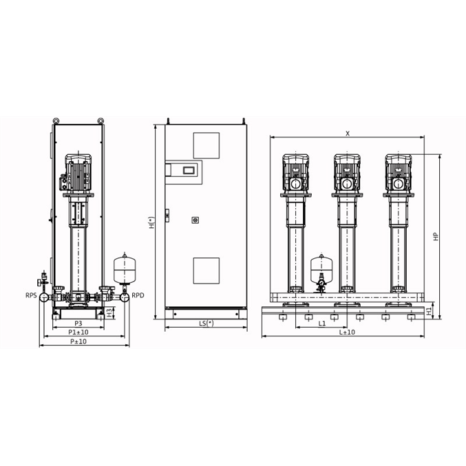 Габаритный чертеж насосной станции Wilo COR-3 HELIX V 1609/CC-EB-R