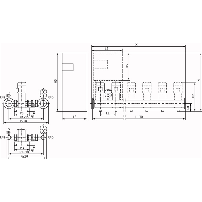 Габаритный чертеж насосной станции Wilo COR-3 HELIX V 2207/CC-EB-R