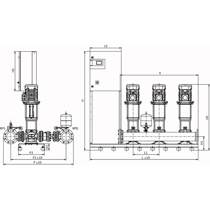 Габаритный чертеж насосной станции Wilo COR-3 HELIX V 5202/2/SKw-EB-R