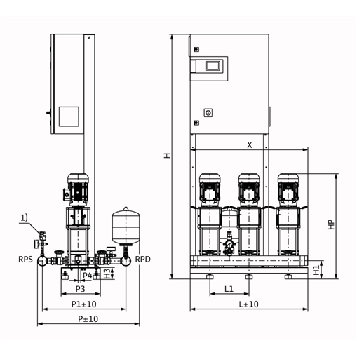 Габаритный чертеж насосной станции Wilo COR-3 HELIX V 604/CC-EB-R
