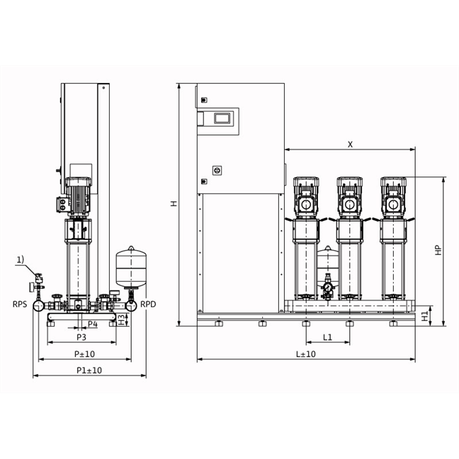 Габаритный чертеж насосной станции Wilo COR-3 HELIX V 610/CC-EB-R