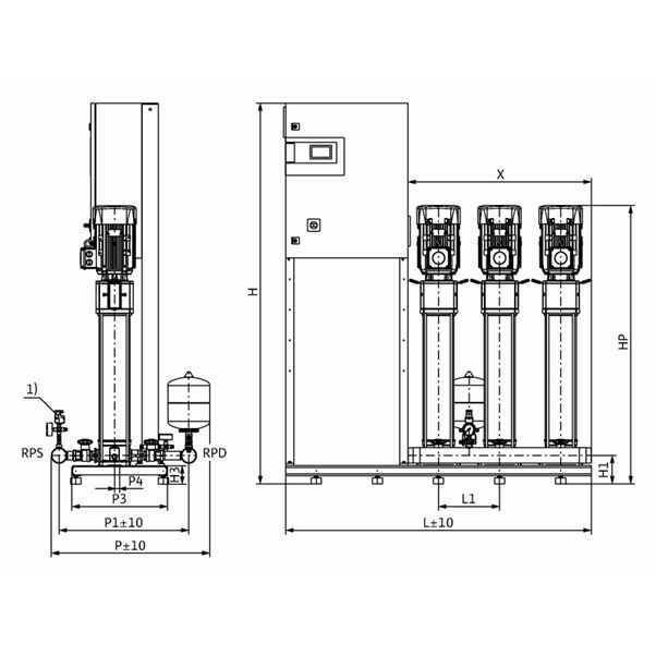 Габаритный чертеж насосной станции Wilo COR-3 HELIX V 616/CC-EB-R