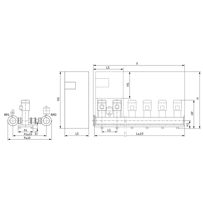 Габаритный чертеж насосной станции Wilo COR-3 MVI 7002/2/SKw-EB-R