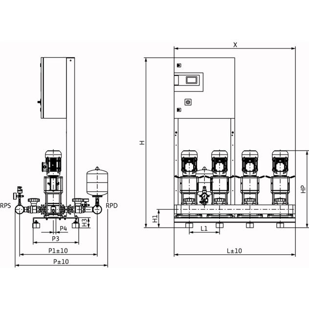 Габаритный чертеж насосной станции Wilo COR-4 HELIX V 1005/CC-EB-R