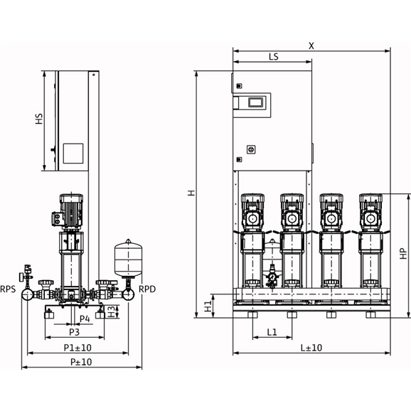Габаритный чертеж насосной станции Wilo COR-4 HELIX V 1007/CC-EB-R