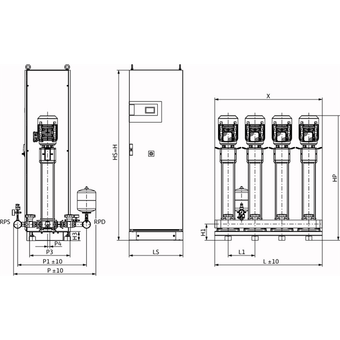 Габаритный чертеж насосной станции Wilo COR-4 HELIX V 1015/SKw-EB-PN25-R