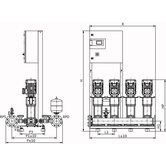 Габаритный чертеж насосной станции Wilo COR-4 HELIX V 1603/CC-EB-R
