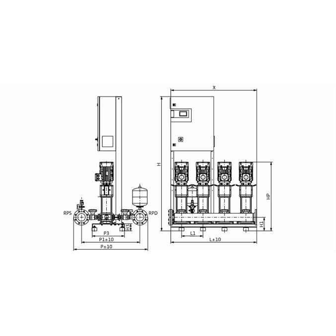 Габаритный чертеж насосной станции Wilo COR-4 HELIX V 1604/CC-EB-R