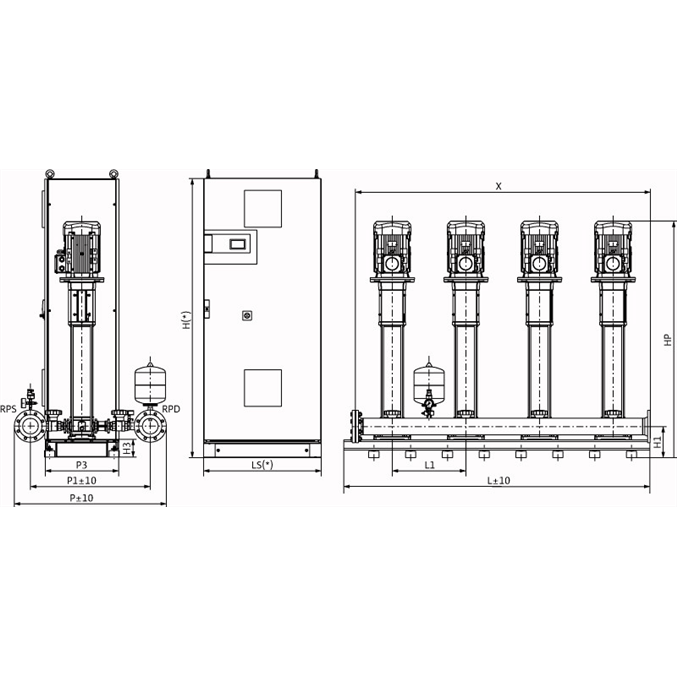 Габаритный чертеж насосной станции Wilo COR-4 HELIX V 1611/CC-EB-R