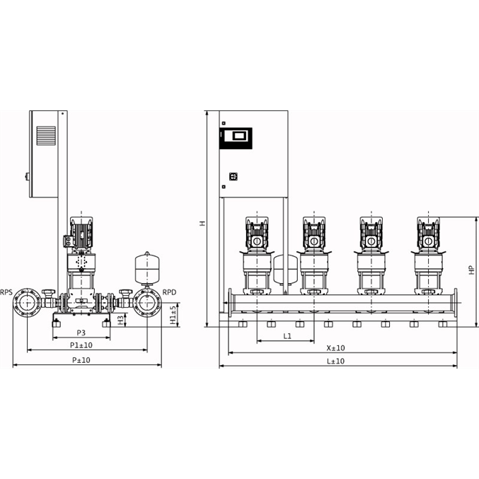 Габаритный чертеж насосной станции Wilo COR-4 HELIX V 2202/SKw-EB-R